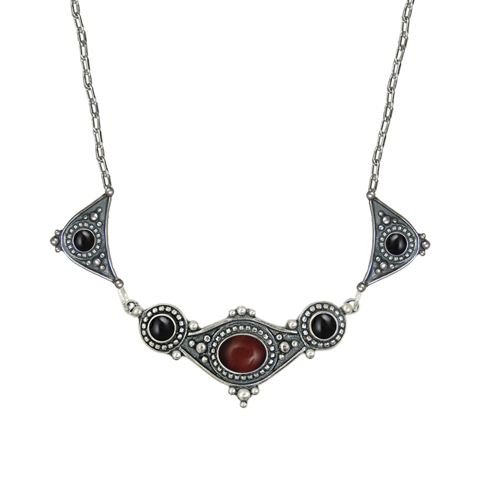 Sterling Silver Romantic Necklace With Red Tiger Eye And Black Onyx